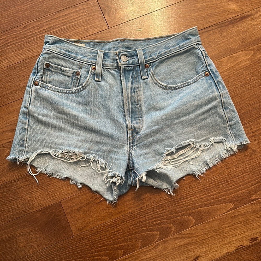 Levi's Blue High-Waisted Jean Shorts with Frayed Hem